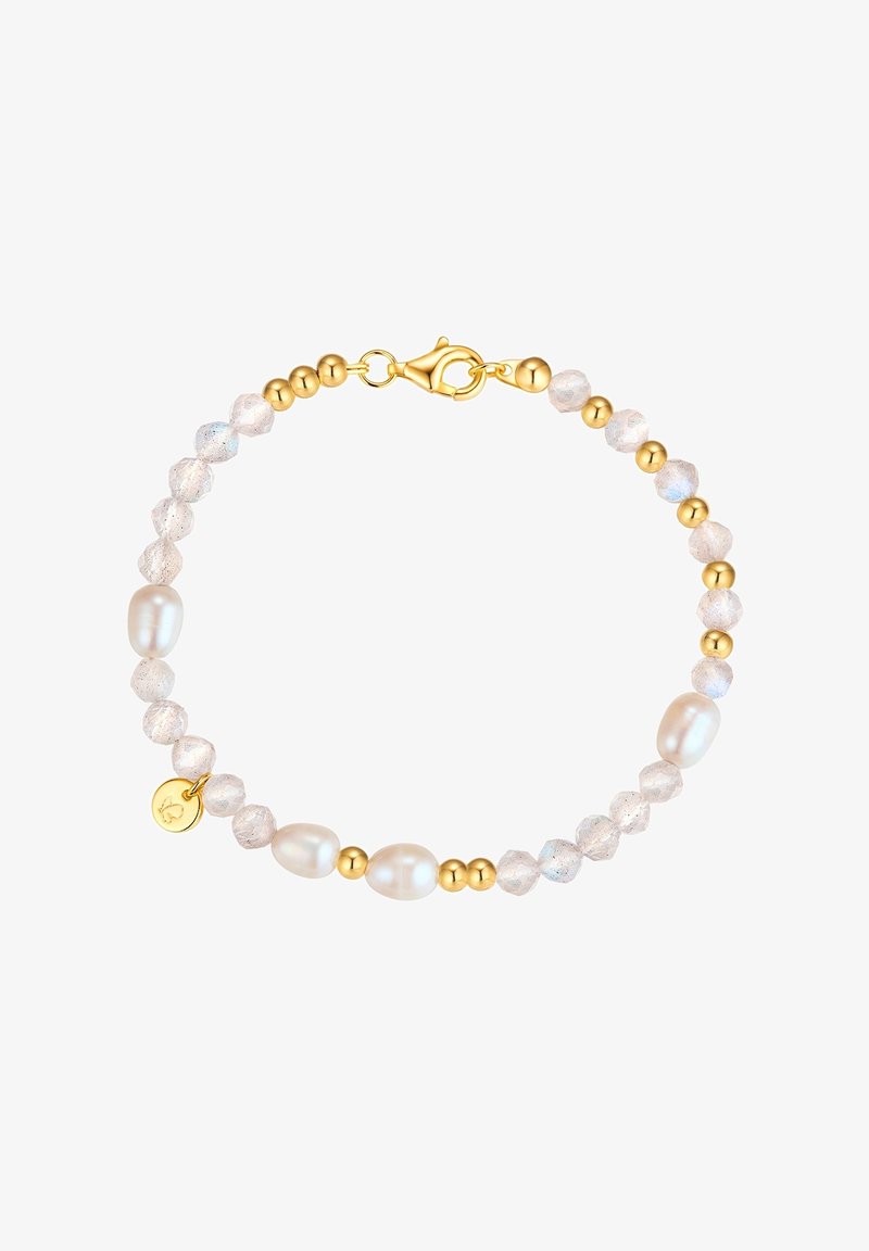 Zlato tonirana zapestnica z belimi biseri in zamrznjenimi kristalnimi kroglicami, z zaponko na žabico in majhnim detajlom v obliki charms.
