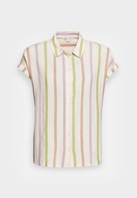 Chemise à manches courtes avec col, ornée de rayures verticales en violet, vert et pêche sur un fond crème clair, avec fermeture à boutons.