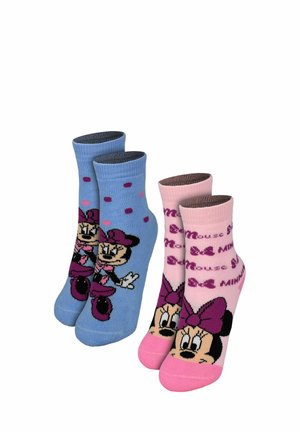 Zwei Paar Knöchelsocken mit Minnie Maus; ein Paar ist blau mit Punkten und Minnie in einem lila Outfit, das andere ist pink mit Schriftzug und Minnies Gesicht.