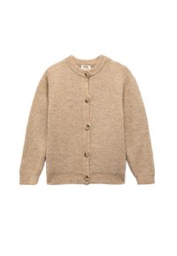 Beige neulepusero, jossa on pyöreä kaula-aukko, etuvetoketju ja pitkät hihat. Ominaisuuksina tekstuuri ja rento malli.
