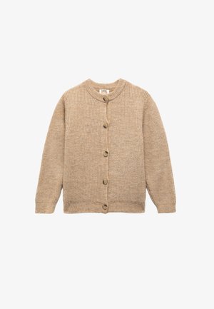 Beige gestrickte Strickjacke mit Rundhalsausschnitt, vorderen Knöpfen und langen Ärmeln. Verfügt über einen strukturierten Stoff und eine lockere Passform.