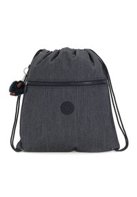 Bolsa con cordón en un tejido gris oscuro con un acabado texturizado, que presenta un bolsillo frontal con cremallera y un pequeño charm de mono adjunto.
