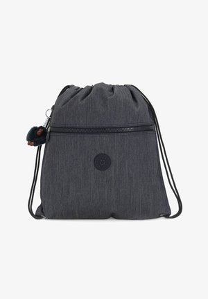 Borsa a cordino in tessuto grigio scuro con un finish testurizzato, dotata di una tasca frontale con zip e un piccolo charm a forma di scimmia attaccato.