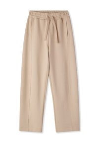 Pantaloni beige a gamba larga realizzati in tessuto morbido, con un elastico in vita dotato di cordoncino, due tasche laterali e dettagli delle cuciture ricamate.