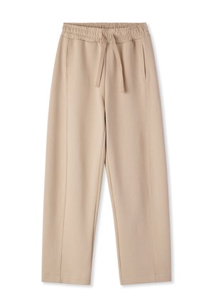 Pantaloni beige a gamba larga realizzati in tessuto morbido, con un elastico in vita dotato di cordoncino, due tasche laterali e dettagli delle cuciture ricamate.