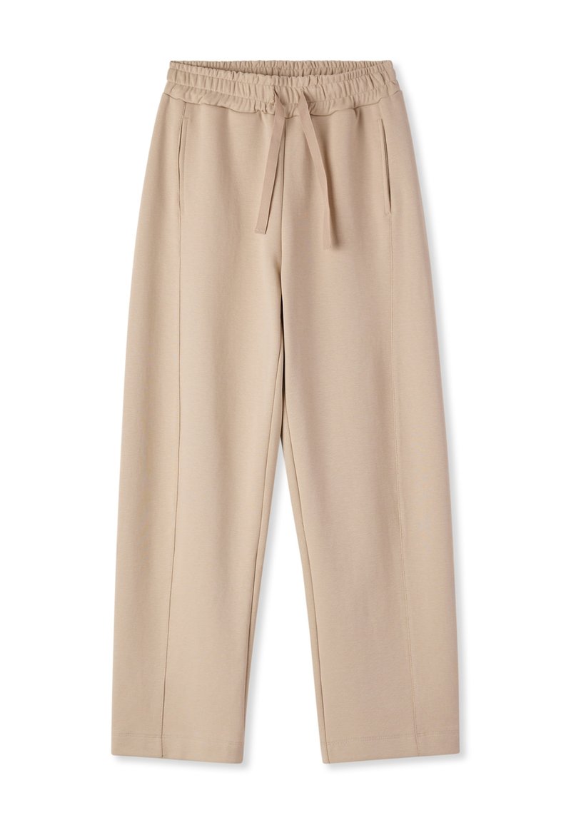 Pantaloni beige a gamba larga realizzati in tessuto morbido, con un elastico in vita dotato di cordoncino, due tasche laterali e dettagli delle cuciture ricamate.