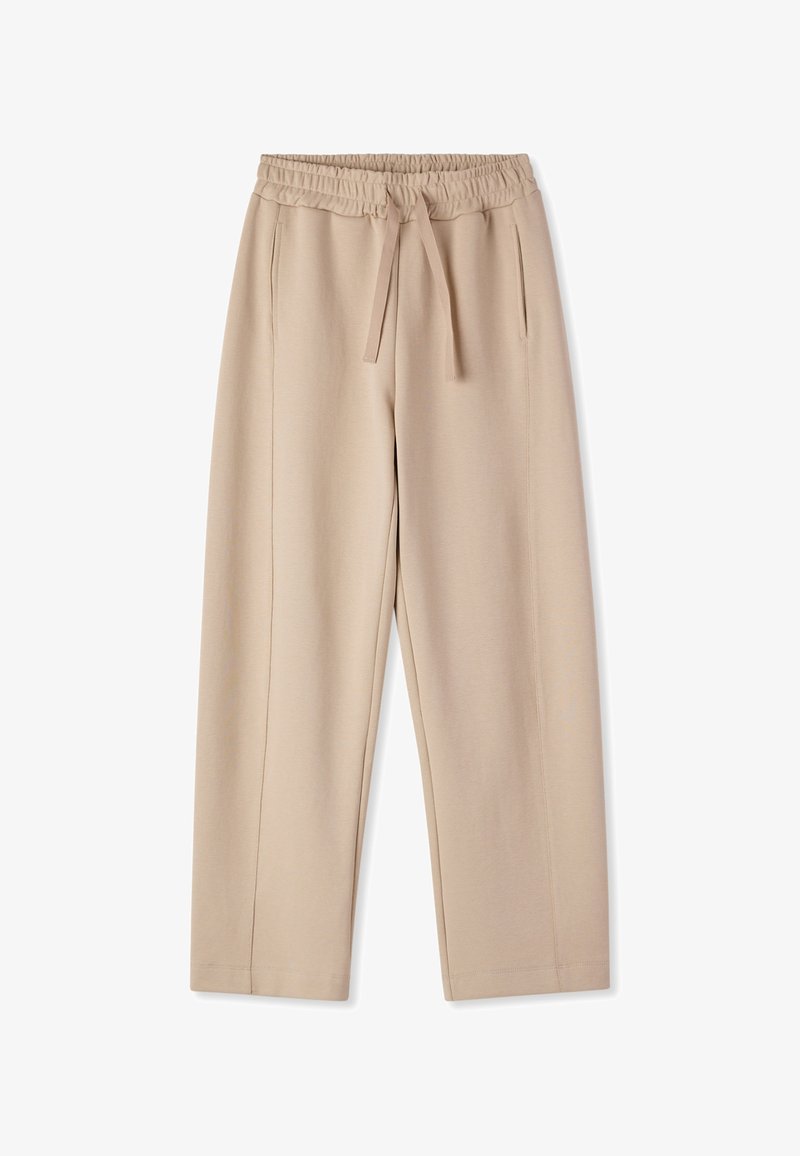 Pantaloni beige a gamba larga realizzati in tessuto morbido, con un elastico in vita dotato di cordoncino, due tasche laterali e dettagli delle cuciture ricamate.