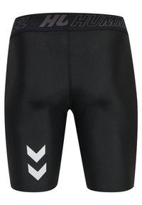 Crne sportske uske kratke hlače s elastičnim pojasom označenim riječju "Hummel" i dva bijela chevron strelica na lijevom bedru.