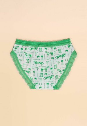 Sous-vêtements taille haute verts avec une bordure en dentelle festonnée. Présente un motif répétitif de chevaux et d'équipements équestres sur un fond clair.