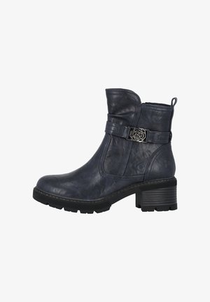 Bottine en cuir bleu foncé avec talon épais, boucle fleur métallique décorative et languette à l'arrière.