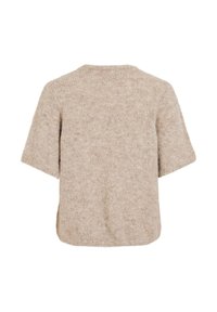 Beige genser med korte ermer i et mykt, strukturert stoff, rund hals og avslappet, firkantet passform. Bakfra vises sømløs konstruksjon.