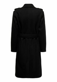 Manteau en laine noire avec une coupe longue, une taille ceinturée et un col structur é avec des accents aux épaules. Texture lisse et détails minimalistes.