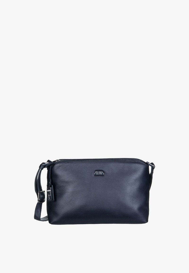Borsa a tracolla in pelle blu navy con texture liscia, chiusura con zip e tracolla staccabile. Presenta un piccolo logo sulla parte anteriore.