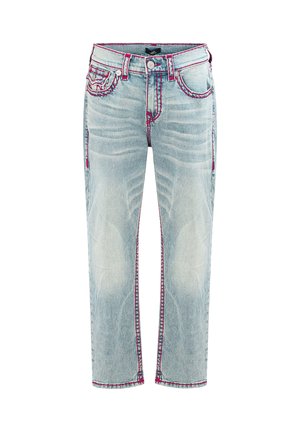 Lichtblauwe spijkerbroek met vervaagde details en roze contrasterende stiksels, met voorzakken en een knoopsluiting.