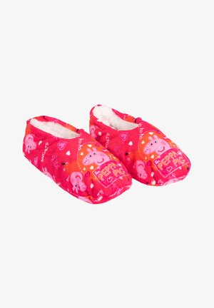 Pantofole rosa con una morbida fodera in fleece. Presentano un design di Peppa Pig su uno sfondo vivace, accentuato da cuori e personaggi dei cartoni animati.