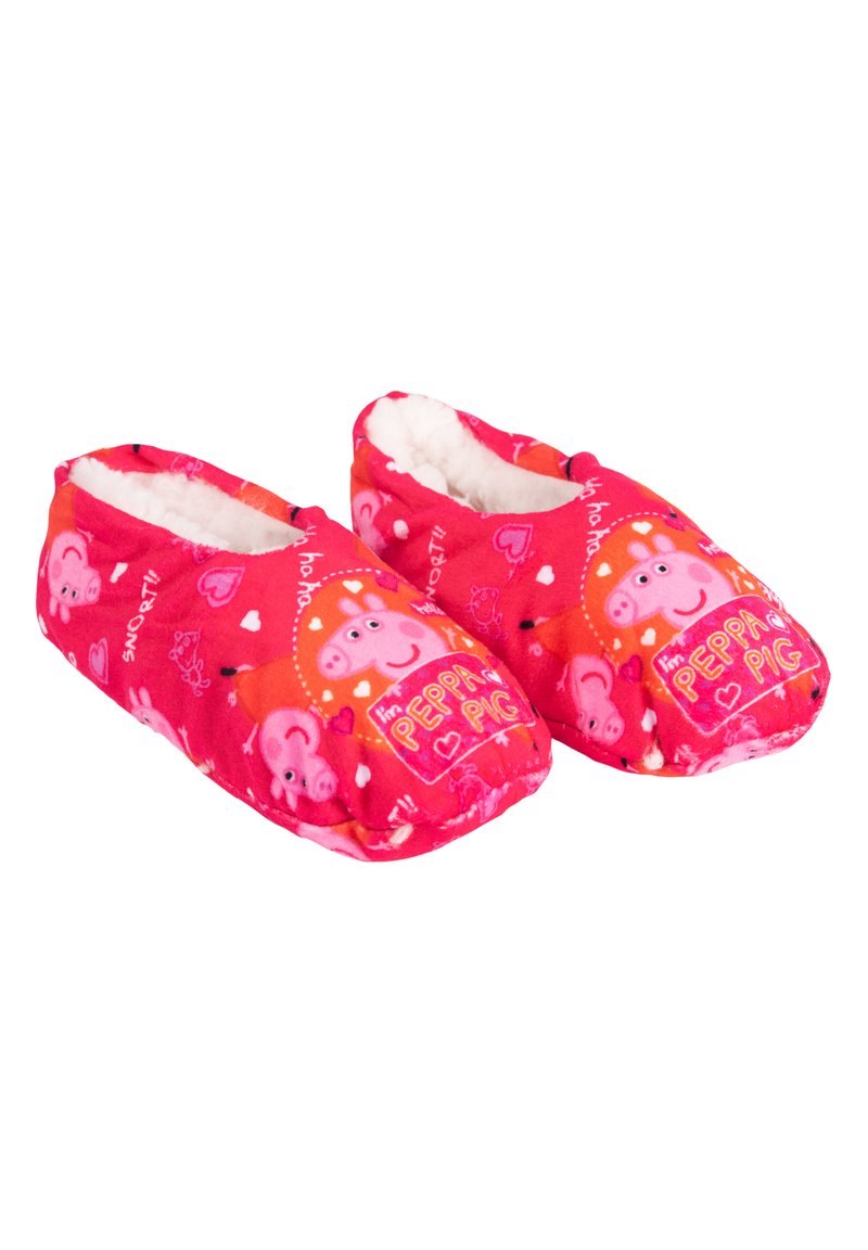 Pantofole rosa con una morbida fodera in fleece. Presentano un design di Peppa Pig su uno sfondo vivace, accentuato da cuori e personaggi dei cartoni animati.