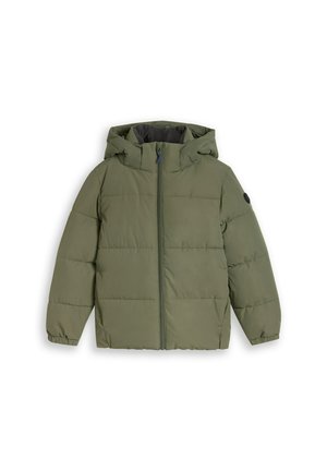 Giacca imbottita verde con cappuccio, zip frontale e polsini elasticizzati, mostrata su sfondo bianco.