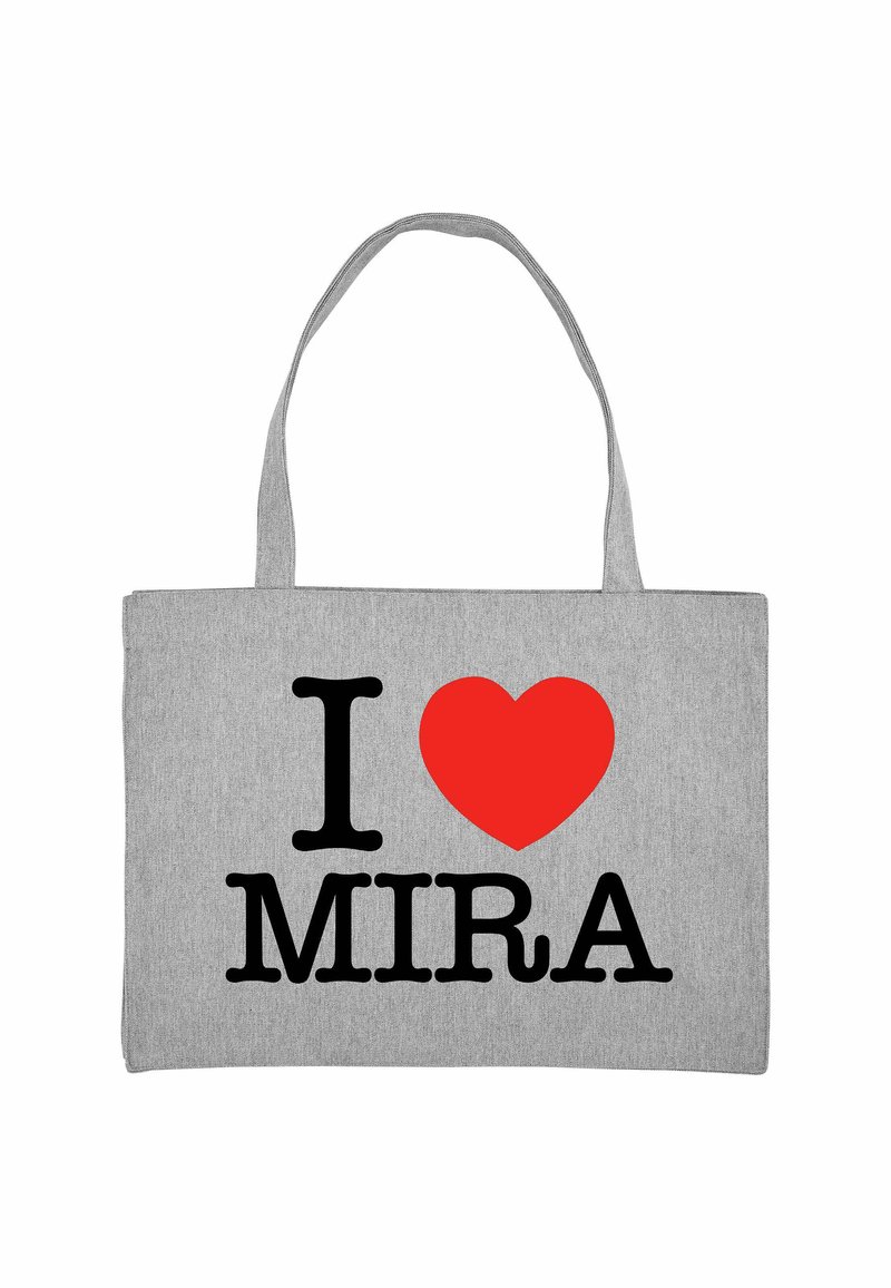 Borsa a tracolla grigia in tessuto con manici lunghi, con testo nero in grassetto che recita "I ♥ MIRA" accompagnato da un simbolo a forma di cuore rosso.