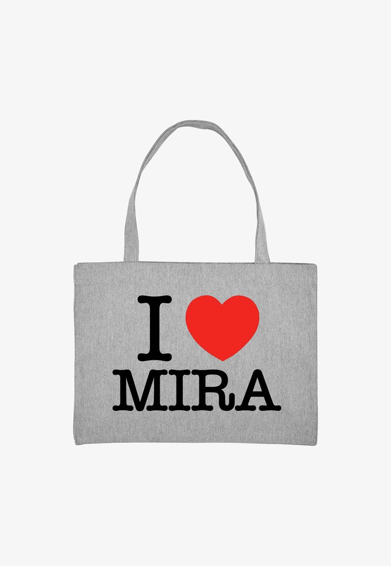 Borsa a tracolla grigia in tessuto con manici lunghi, con testo nero in grassetto che recita "I ♥ MIRA" accompagnato da un simbolo a forma di cuore rosso.