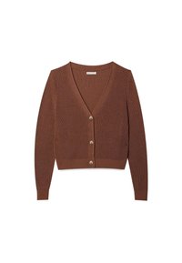Hnědý pletený cardigan s výstřihem do V, dlouhými rukávy a pěti kulatými zlatými knoflíky vpředu. Má žebrované manžety a lem.