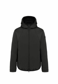 Schwarze gepolsterte Jacke mit Reißverschluss vorne, Kapuze und langen Ärmeln, mit abgerundetem Saum und einem seitlichen Logo-Patch. Glatte Textur.