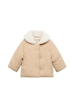 Beige gesteppte Jacke mit drei Knöpfen und einem breiten weißen Kunstpelzkragen, langen Ärmeln und Seitentaschen.