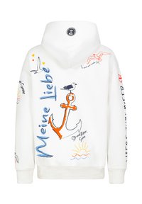 Weißer Kapuzenpullover mit Kordelzugkapuze. Verziert mit bunten, nautisch inspirierten Motiven, darunter ein Anker, Vögel und Sonnenillustrationen.