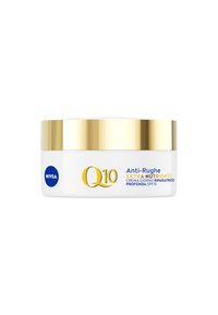Barattolo di crema bianca con coperchio dorato. L'etichetta presenta "Q10" in giallo, con testo blu e nero che dettaglia il tipo di prodotto e il fattore di protezione solare (SPF).