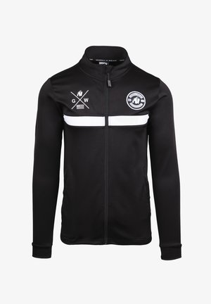 Zwarte zip-up jas van rekbare stof, voorzien van een witte horizontale streep en logo op de borst, met een rechtopstaande kraag en slim fit.