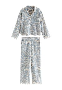 Light blue two-piece pajama set with white floral pattern, long sleeves, elastic waist pants, and lace trim on cuffs and hems.