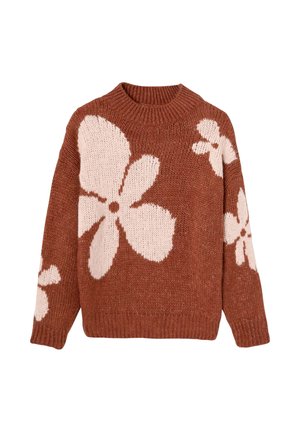 Pull en tricot couleur rouille avec des motifs floraux blancs, avec un col rond et des poignets et ourlet côtelés, fabriqué dans un matériau doux et texturé.
