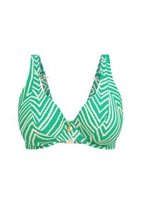 Groene triangle bikini-top met een golvende witte streepjespatroon, voorzien van verstelbare bandjes en een kleine gouden charm in het midden.