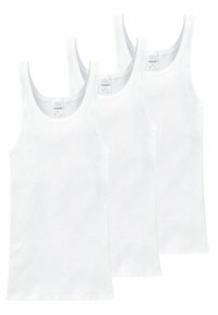 Three white cotton tank tops with sleeveless design, ribbed texture, and rounded necklines, displayed together.