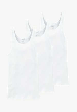 Drei weiße Baumwoll-Tanktops mit ärmellosem Design, gerippter Textur und abgerundetem Rundhalsausschnitt, zusammen präsentiert.
