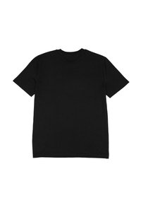 Schwarzes T-Shirt mit kurzen Ärmeln aus weicher Baumwolle. Verfügt über einen klassischen Rundhalsausschnitt und ein schlichtes Design ohne sichtbare Muster oder Grafiken.