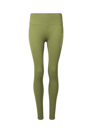 Olive green ribbed high-waist leggings with seamless design and small white vertical logo on upper thigh.