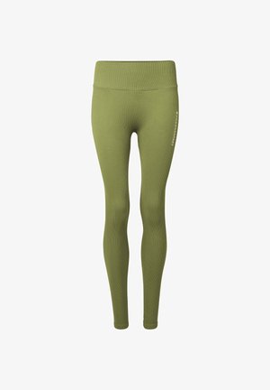 Olive green ribbed high-waist leggings with seamless design and small white vertical logo on upper thigh.