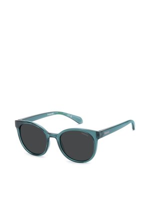 Transparent teal round sunglasses with dark lenses and slim arms, branded Polaroid on the temples and inside the frame.