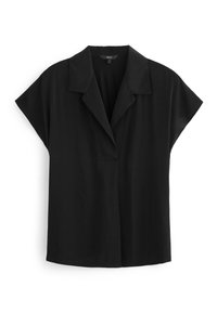 Schwarze kurzärmelige Bluse mit Kragen, mit lockerer Passform und V-Ausschnitt. Hergestellt aus glattem Stoff mit einem klaren, minimalistischen Design.
