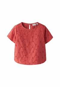 Top corallo a maniche corte con scollatura rotonda, caratterizzato da ricami floreali, dettaglio a chiave sul retro e una finitura testurizzata. Design casual.