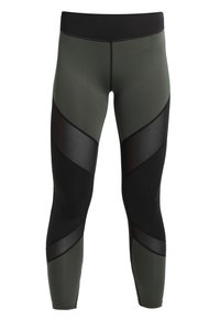 Dopasowane legginsy sportowe o wysokim stanie w ciemnozielonym i czarnym kolorze, z połączeniem nieprzezroczystych i przezroczystych paneli o geometrycznym wzorze.