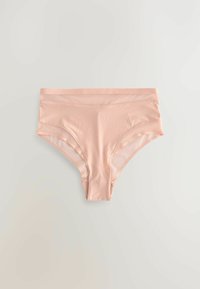 Svijetlo breskvasti ženski slip s glatkim, rastezljivim materijalom, koji ima visoki struk i polu-prozirne bočne panele za dodatne detalje.