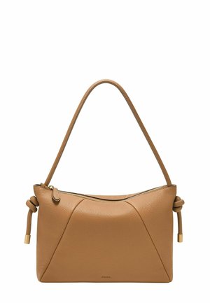 Borsa a mano in pelle marrone con una singola tracolla, chiusura con cerniera, nodi laterali e logo Fossil discreto sul davanti.