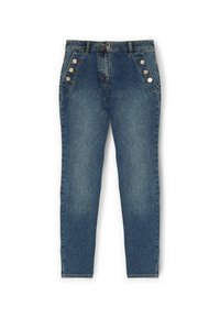 Džínové kalhoty ve světle modré barvě se střední nohavicí, s pěti kovovými knoflíky na boku a jemným blednutím na látce.