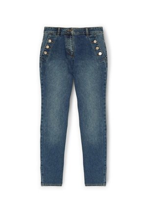Denim jeans in light blue with a straight leg design, featuring five metallic buttons on the side and subtle fading on the fabric.