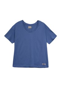 Koszulka z krótkim rękawem, w kolorze jednolitym niebieskim, wykonana z miękkiej bawełny. Posiada małą metkę na dolnej stronie. Prosty, luźny krój.