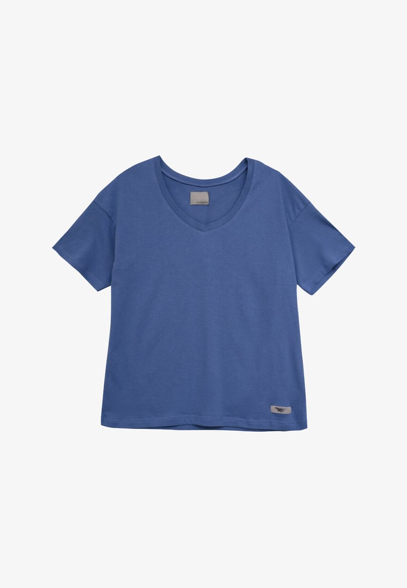Koszulka z krótkim rękawem, w kolorze jednolitym niebieskim, wykonana z miękkiej bawełny. Posiada małą metkę na dolnej stronie. Prosty, luźny krój.
