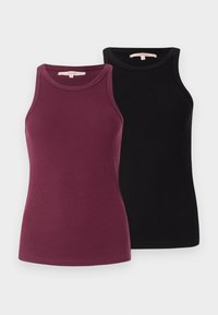 Two ribbed tank tops in burgundy and black. They feature round necklines and are designed for a fitted silhouette. Smooth texture.