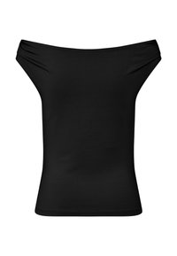 Zwarte off-shoulder top gemaakt van rekbare stof, aansluitende silhouette, gladde textuur en naadloos ontwerp met brede halslijn.