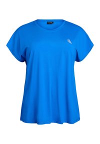 Blaues T-Shirt mit kurzen Ärmeln aus glattem Stoff, mit Rundhalsausschnitt und einem kleinen Logodesign auf der linken Brust.